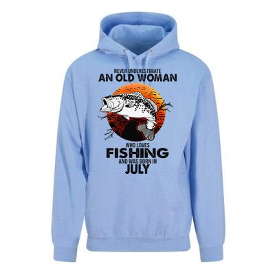 Never Underestimate Old Woman Loves Fishing Born In July Unisex Surf Hoodie