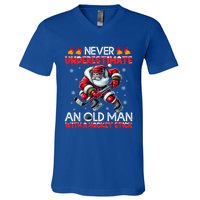 Never Underestimate Old Hockey Stick Santa Snowflakes Cute Gift V-Neck T-Shirt