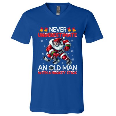 Never Underestimate Old Hockey Stick Santa Snowflakes Cute Gift V-Neck T-Shirt