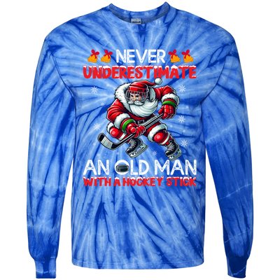 Never Underestimate Old Hockey Stick Santa Snowflakes Cute Gift Tie-Dye Long Sleeve Shirt