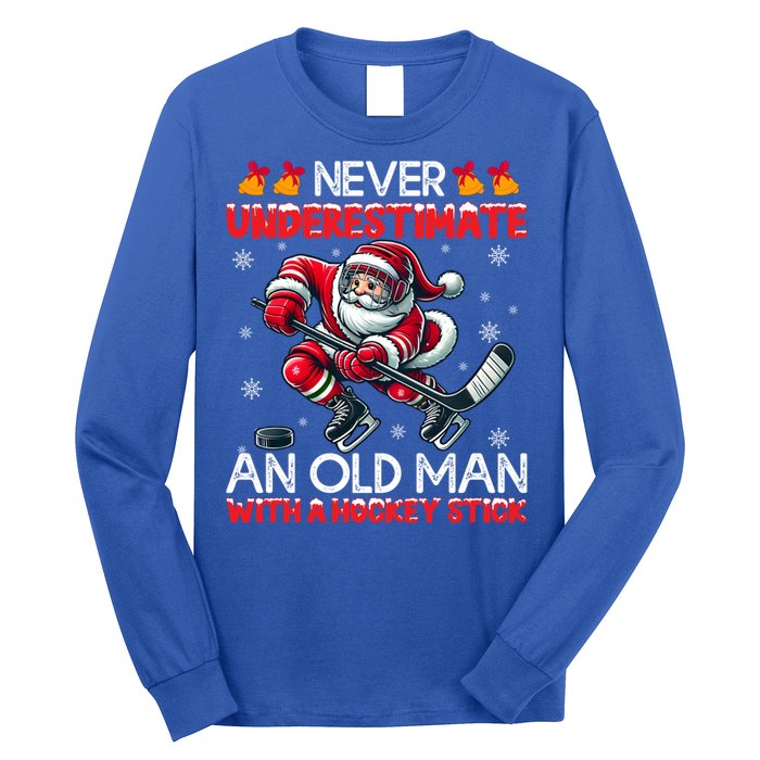 Never Underestimate Old Hockey Stick Santa Snowflakes Cool Gift Long Sleeve Shirt