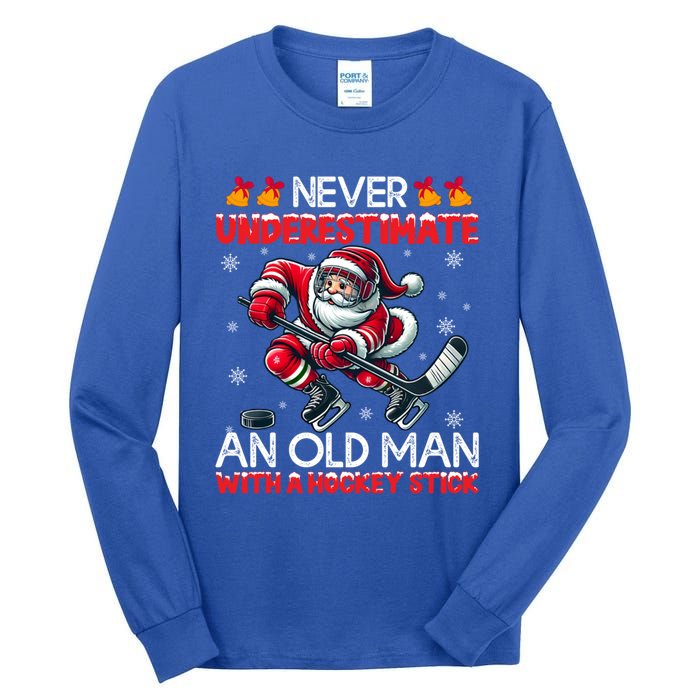 Never Underestimate Old Hockey Stick Santa Snowflakes Cool Gift Tall Long Sleeve T-Shirt