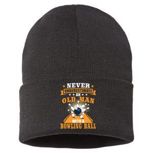 Never Underestimate Old Man Bowling Ball Bowler Bowling Sustainable Knit Beanie