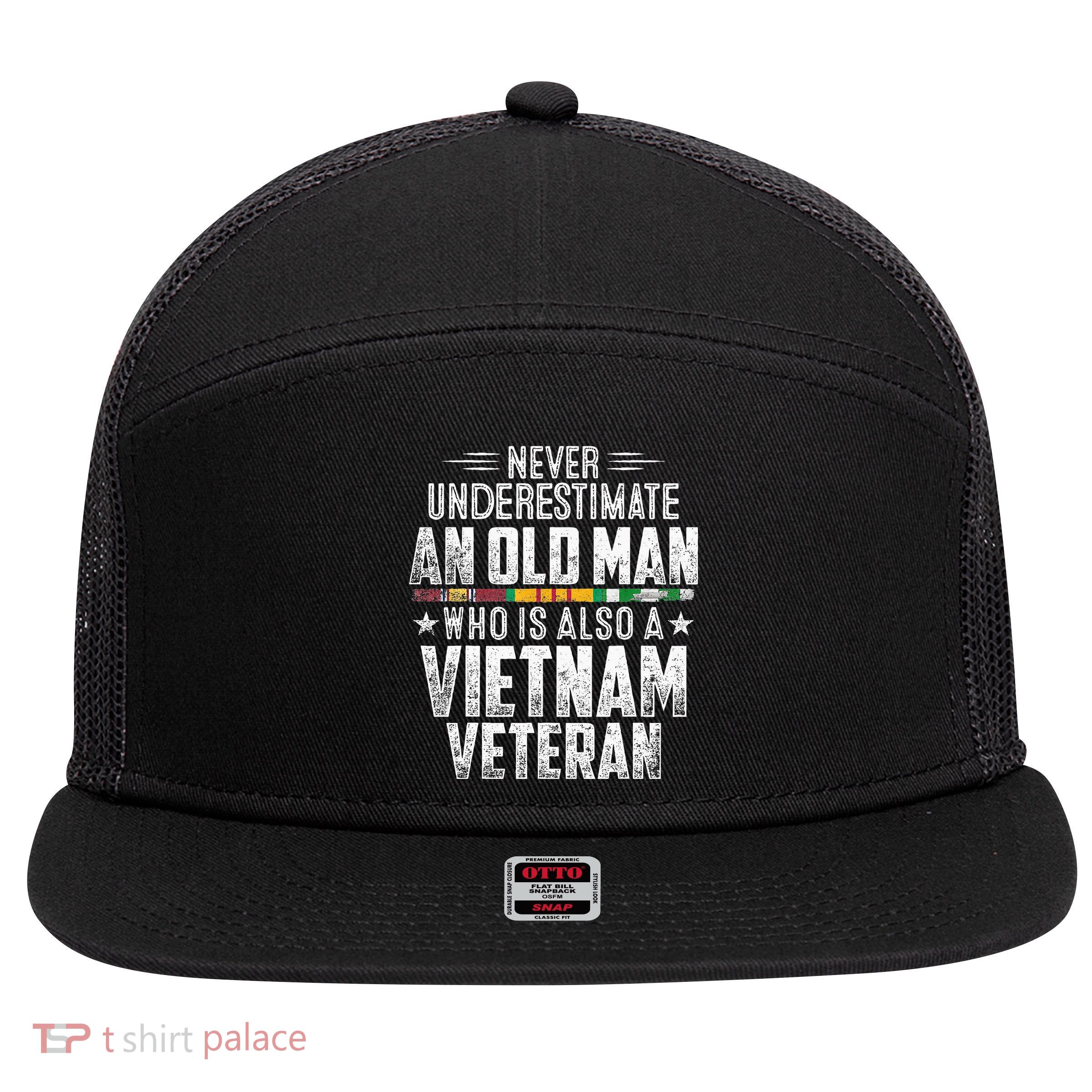 Never Underestimate OLD MAN Vietnam Veteran Dad Grandpa 7 Panel Mesh Trucker Snapback Hat