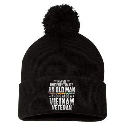 Never Underestimate OLD MAN Vietnam Veteran Dad Grandpa Pom Pom 12in Knit Beanie