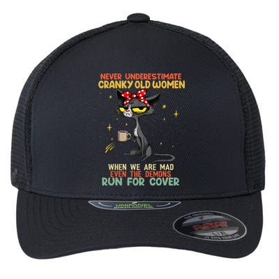 Never Underestimate Old Cranky Women Funny Cat Flexfit Unipanel Trucker Cap