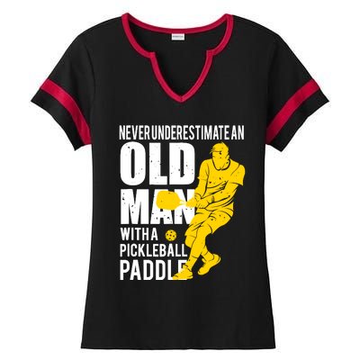 Never Underestimate Old Man With Pickleball Paddle Ladies Halftime Notch Neck Tee