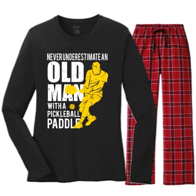 Never Underestimate Old Man With Pickleball Paddle Women's Long Sleeve Flannel Pajama Set 