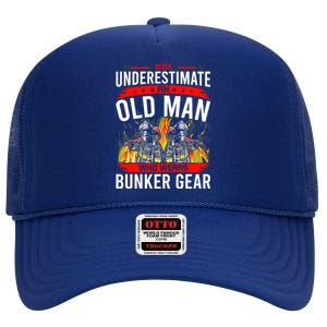 Never Underestimate Old Who Wear Bunker Gear Firefighter Funny Gift High Crown Mesh Back Trucker Hat