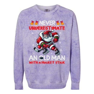 Never Underestimate Old Hockey Stick Santa Snowflakes Gift Colorblast Crewneck Sweatshirt