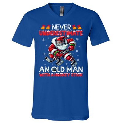 Never Underestimate Old Hockey Stick Santa Snowflakes Gift V-Neck T-Shirt