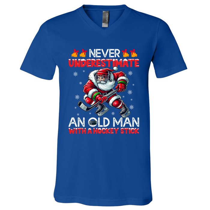 Never Underestimate Old Hockey Stick Santa Snowflakes Gift V-Neck T-Shirt