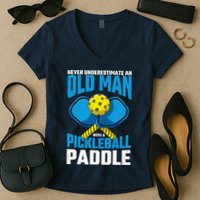 Never Underestimate Old Man Pickleball Paddle Dad Husband Women's V-Neck T-Shirt