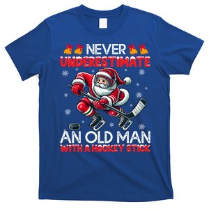 Never Underestimate Old Hockey Stick Santa Snowflakes Funny Gift T-Shirt