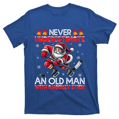 Never Underestimate Old Hockey Stick Santa Snowflakes Funny Gift T-Shirt