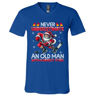 Never Underestimate Old Hockey Stick Santa Snowflakes Funny Gift V-Neck T-Shirt