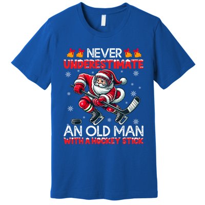 Never Underestimate Old Hockey Stick Santa Snowflakes Funny Gift Premium T-Shirt