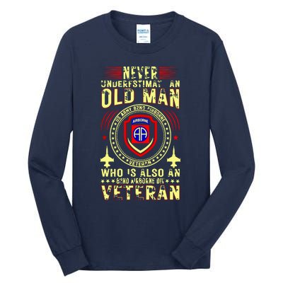 Never Underestimate Old Man 82nd Airborne Div Veteran Flag Tall Long Sleeve T-Shirt