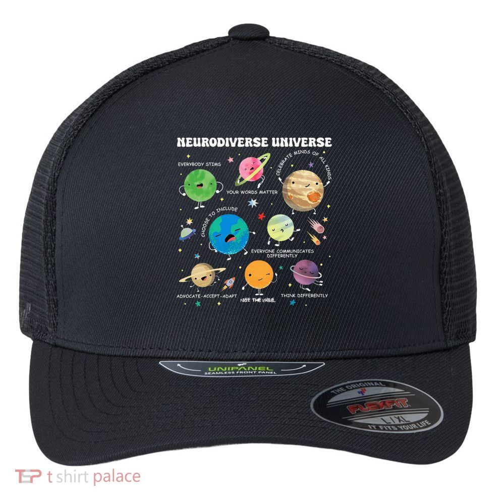 Neurodiverse Universe Planet Autism Awareness Support Squad Flexfit Unipanel Trucker Cap