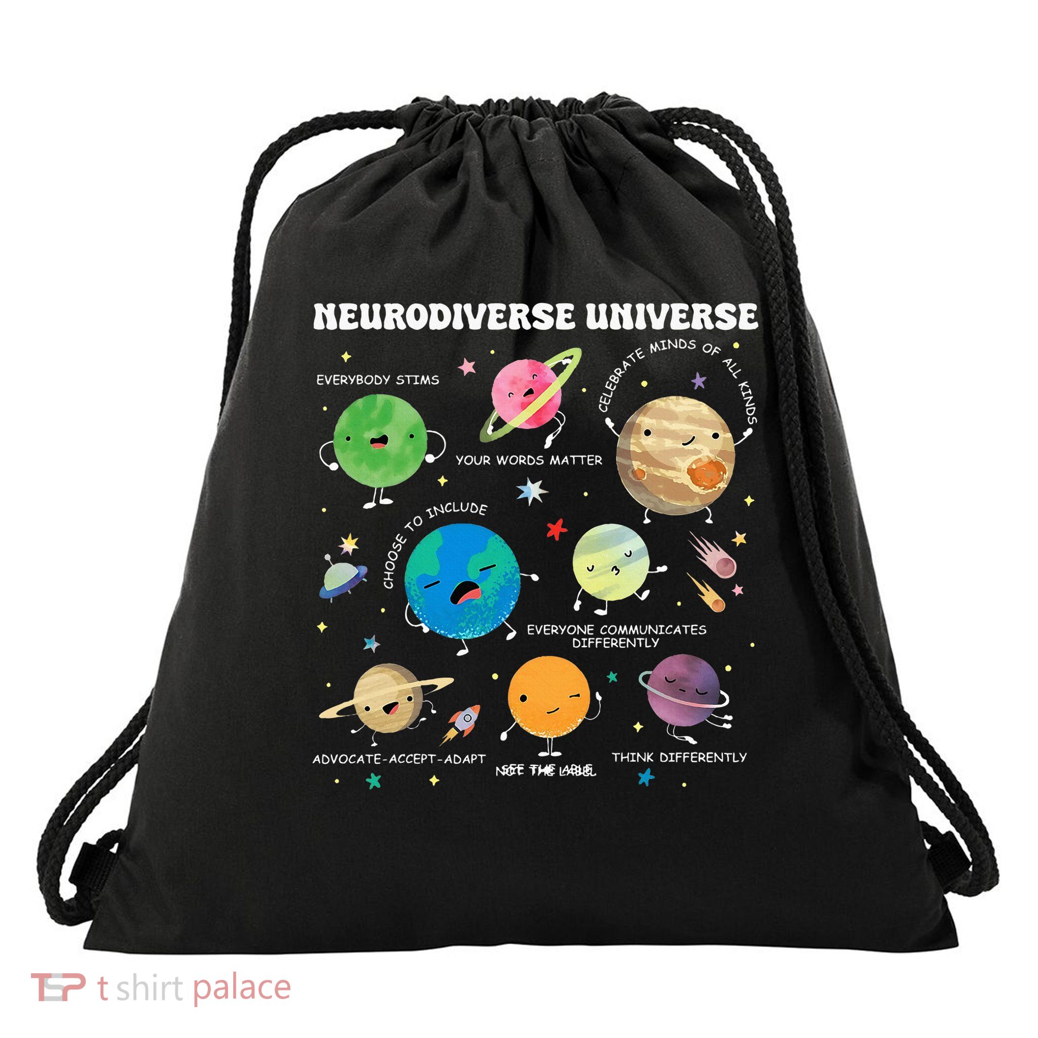 Neurodiverse Universe Planet Autism Awareness Support Squad Drawstring Bag