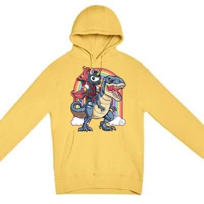 Ninja Unicorn Riding Dinosaur T Rex Funny Rainbow Gift Premium Pullover Hoodie