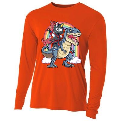 Ninja Unicorn Riding Dinosaur T Rex Funny Rainbow Gift Cooling Performance Long Sleeve Crew