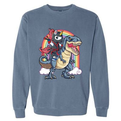 Ninja Unicorn Riding Dinosaur T Rex Funny Rainbow Gift Garment-Dyed Sweatshirt