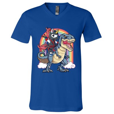 Ninja Unicorn Riding Dinosaur T Rex Funny Rainbow Gift V-Neck T-Shirt