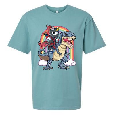 Ninja Unicorn Riding Dinosaur T Rex Funny Rainbow Gift Sueded Cloud Jersey T-Shirt