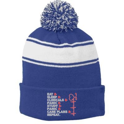 Nurse Eat Sleep Panic Clinicals Repeat Stripe Pom Pom Beanie