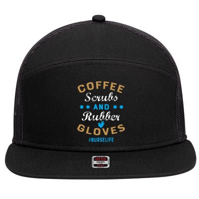 Nurse Life Coffee Scrubs and Rubber Gloves 7 Panel Mesh Trucker Snapback Hat