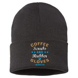 Nurse Life Coffee Scrubs and Rubber Gloves Sustainable Knit Beanie