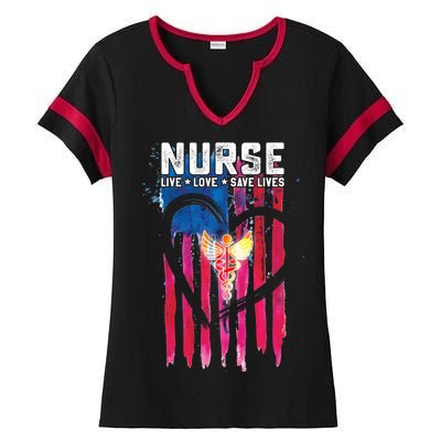 Nurse Live Love Save Lives Flag  Ladies Halftime Notch Neck Tee