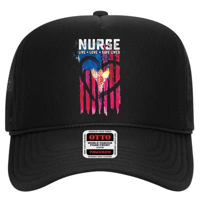 Nurse Live Love Save Lives Flag  High Crown Mesh Back Trucker Hat