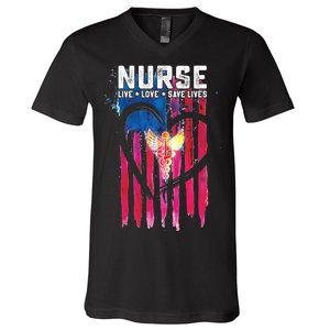 Nurse Live Love Save Lives Flag  V-Neck T-Shirt