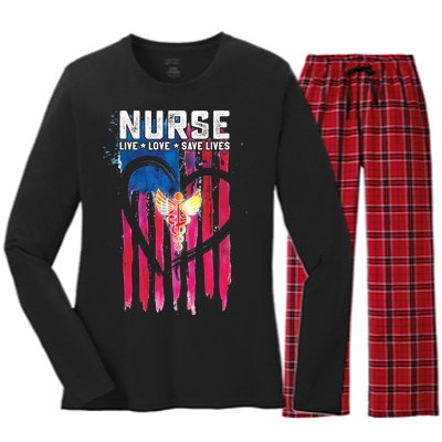 Nurse Live Love Save Lives Flag  Women's Long Sleeve Flannel Pajama Set 