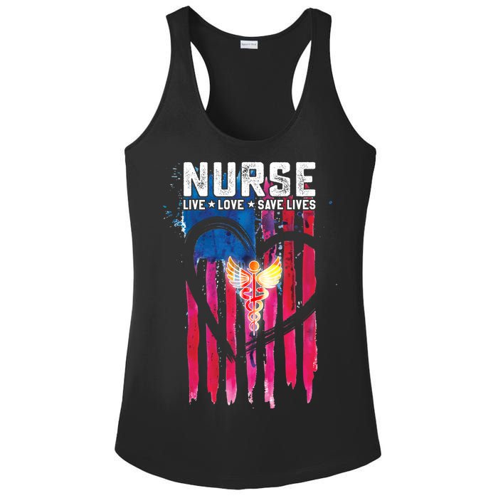 Nurse Live Love Save Lives Flag  Ladies PosiCharge Competitor Racerback Tank