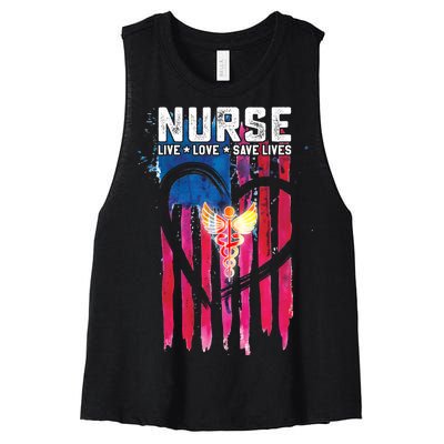 Nurse Live Love Save Lives Flag  Women's Racerback Cropped Tank