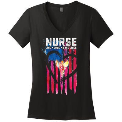 Nurse Live Love Save Lives Flag  Women's V-Neck T-Shirt