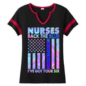 Nurses Back the Blue I've Got Your Six US Flag Ladies Halftime Notch Neck Tee