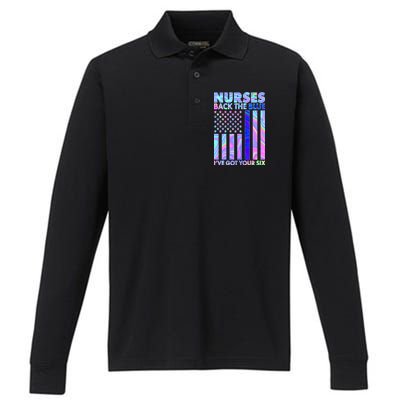 Nurses Back the Blue I've Got Your Six US Flag Performance Long Sleeve Polo