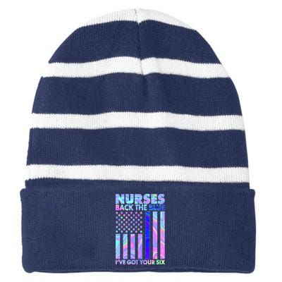 Nurses Back the Blue I've Got Your Six US Flag Striped Beanie with Solid Band