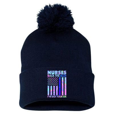 Nurses Back the Blue I've Got Your Six US Flag Pom Pom 12in Knit Beanie