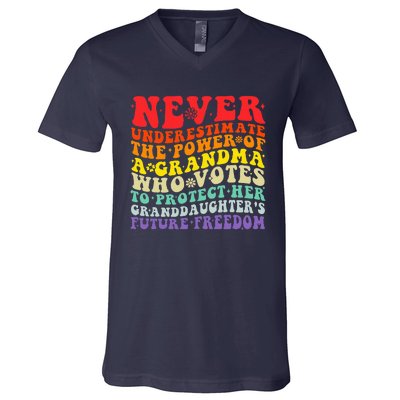 Never Underestimate The Power Of A Grandma Who Votes Groovy V-Neck T-Shirt