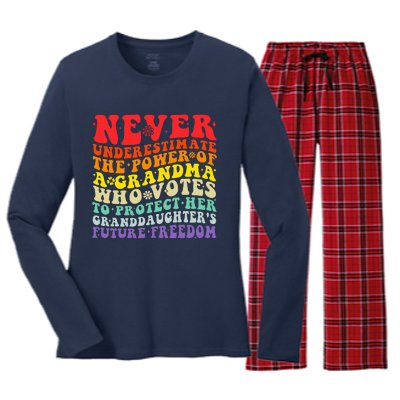 Never Underestimate The Power Of A Grandma Who Votes Groovy Women's Long Sleeve Flannel Pajama Set 