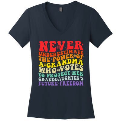 Never Underestimate The Power Of A Grandma Who Votes Groovy Women's V-Neck T-Shirt