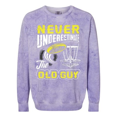 Never Underestimate The Old Guy Funny Disc Golf Frisbee Gift Colorblast Crewneck Sweatshirt