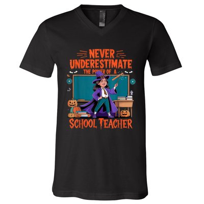 Never Underestimate The Power Of A Teacher Halloween 2024 V-Neck T-Shirt