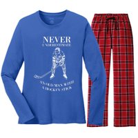 Never Underestimate Vintage Ice Hockey Game Sport Lover Gift Women's Long Sleeve Flannel Pajama Set 