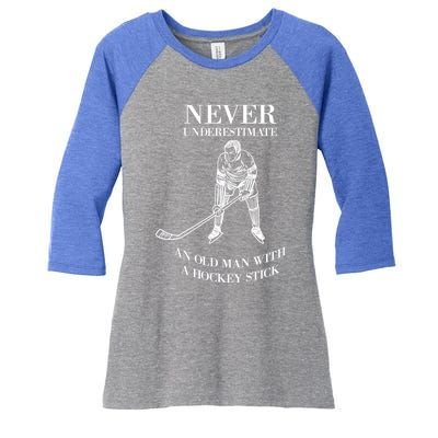 Never Underestimate Vintage Ice Hockey Game Sport Lover Gift Women's Tri-Blend 3/4-Sleeve Raglan Shirt